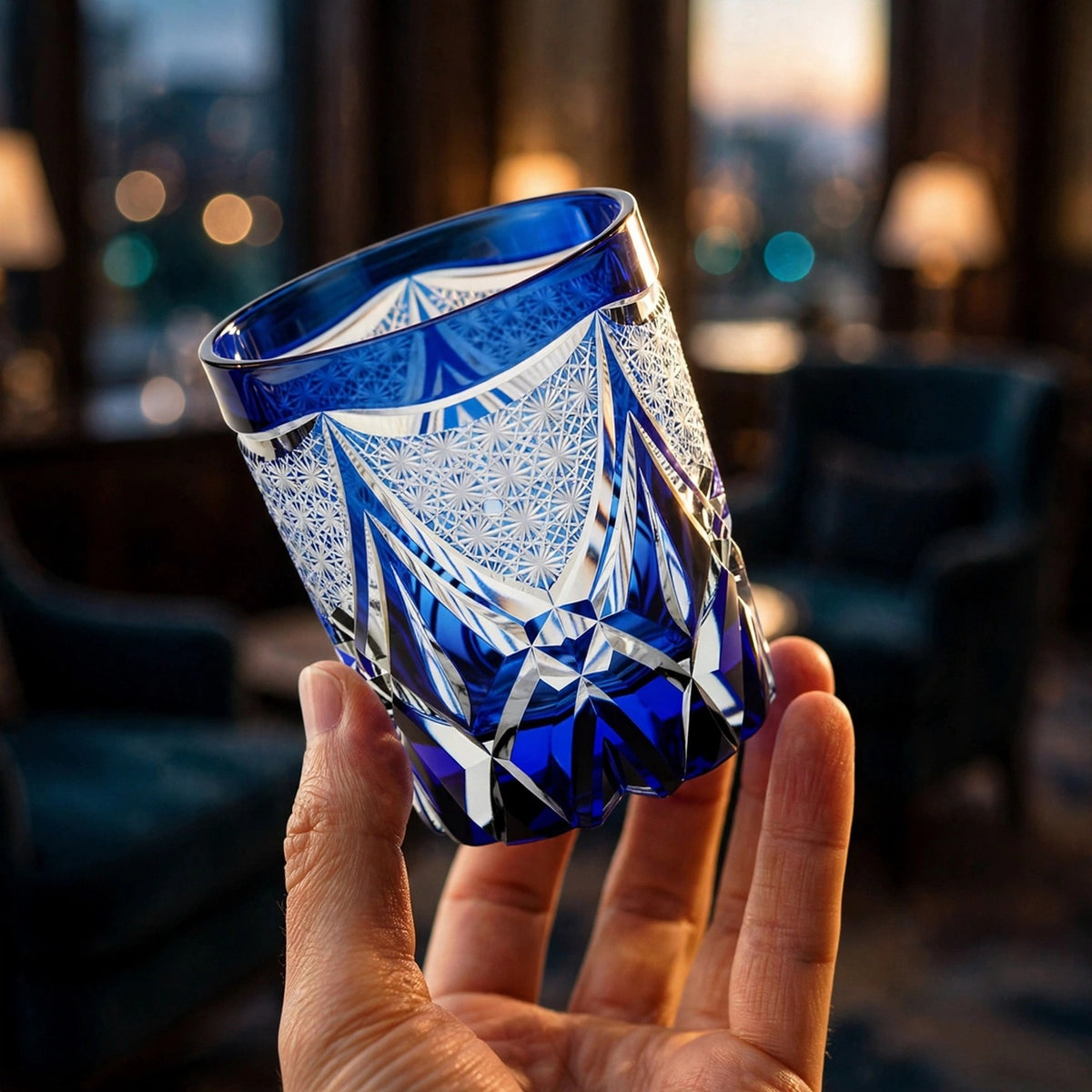 Cobalt Peaks Whisky Glass, hand held proof of use