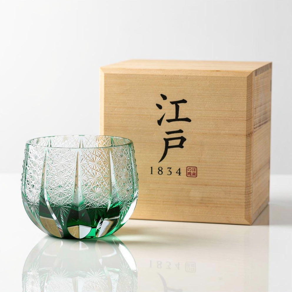Pine First Pour Sake Glass, shown with wooden presentation box