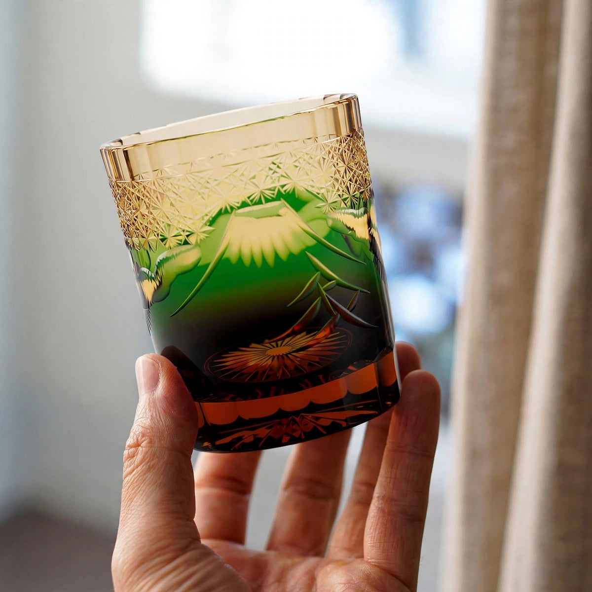 Pine Mount Fuji Whisky Glass, hand held proof of use