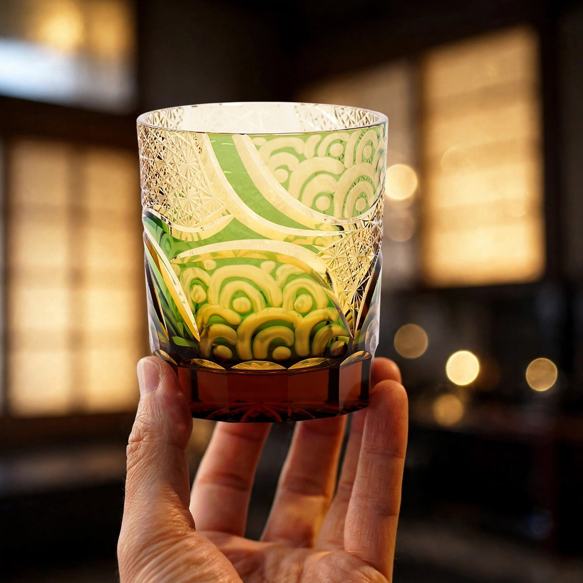 Pine Overlay Whisky Glass, hand held proof of use
