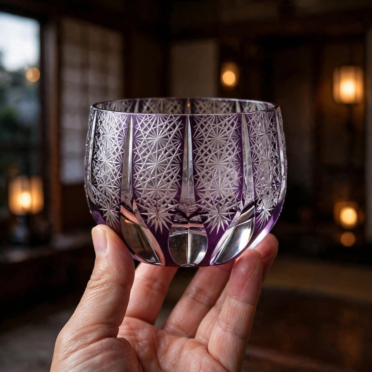 Ruby Chrysanthemum Sake Glass, hand held proof of use