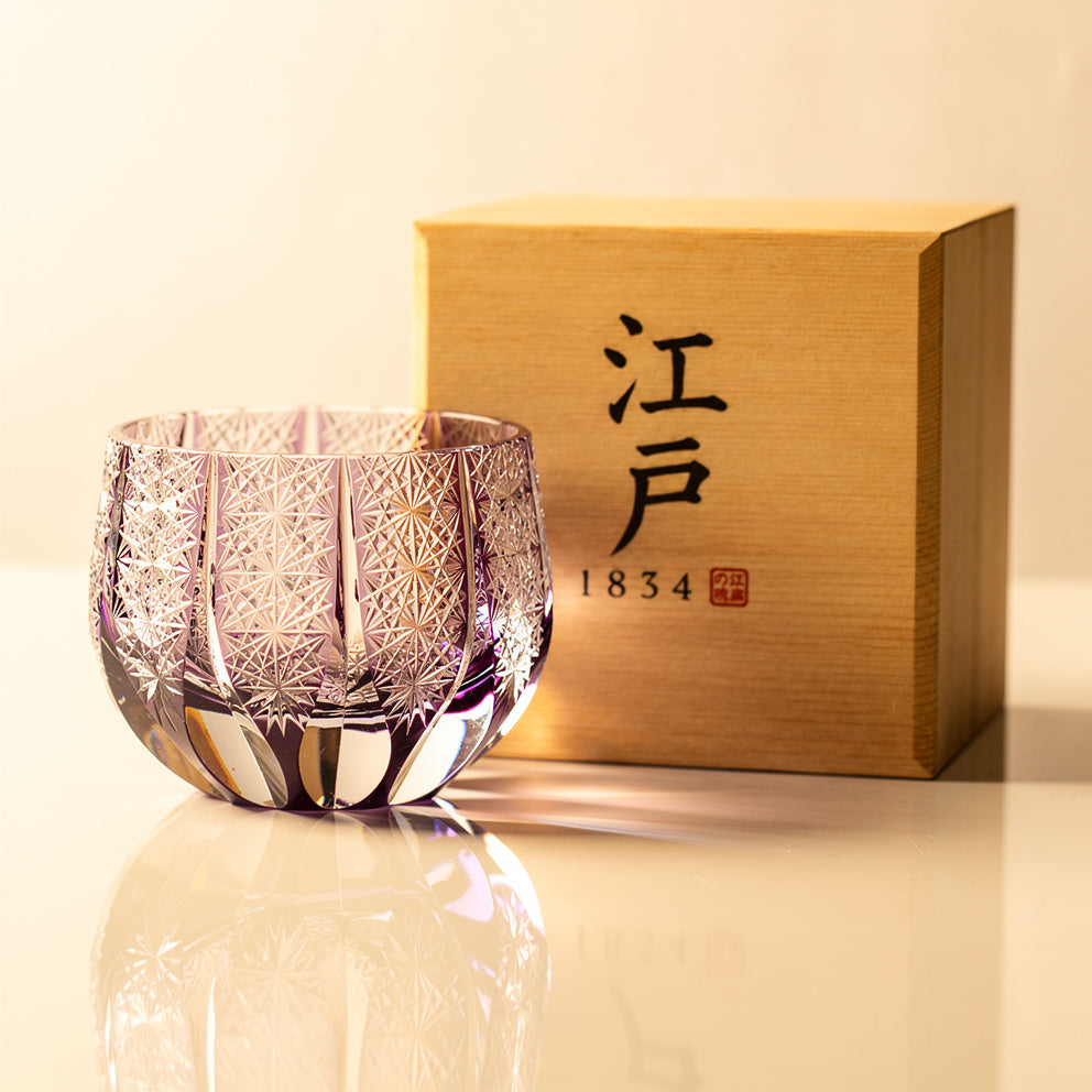 Ruby First Pour Sake Glass, shown with wooden presentation box