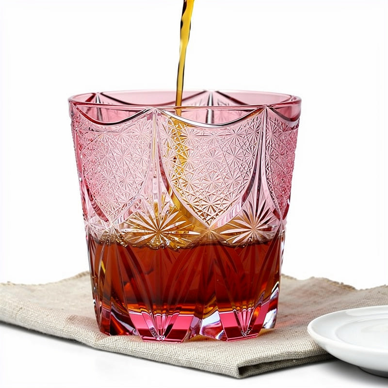 Ruby Kage Whiskey Glass shown with a whisky pour
