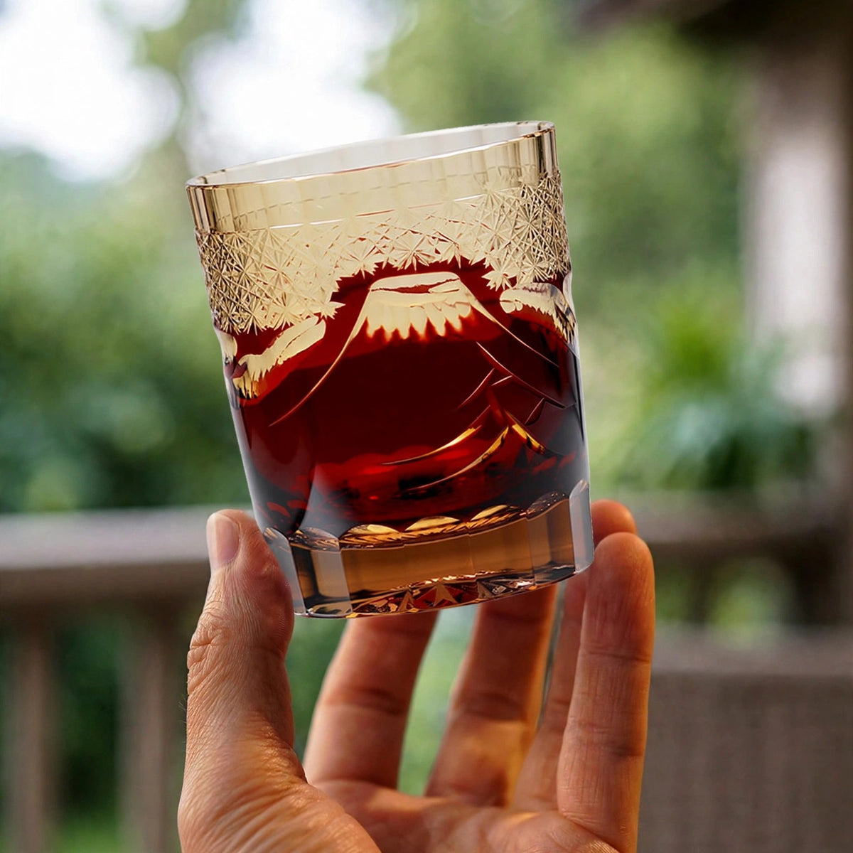 Ruby Mount Fuji Whisky Glass, hand held proof of use
