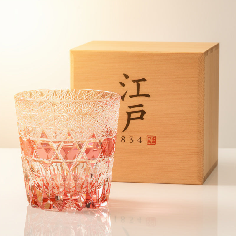 Ruby Night Water Whiskey Glass, shown with wooden presentation box