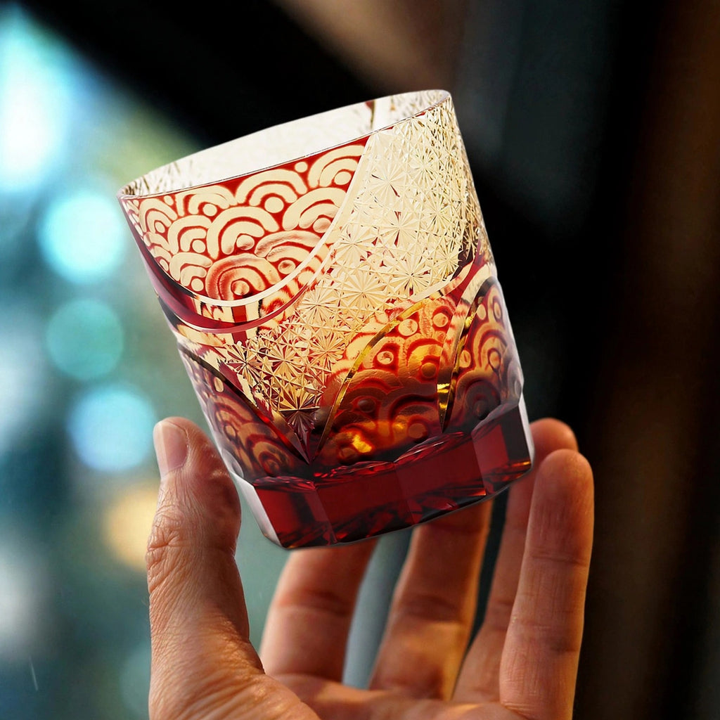 Ruby Overlay Whisky Glass, hand held proof of use